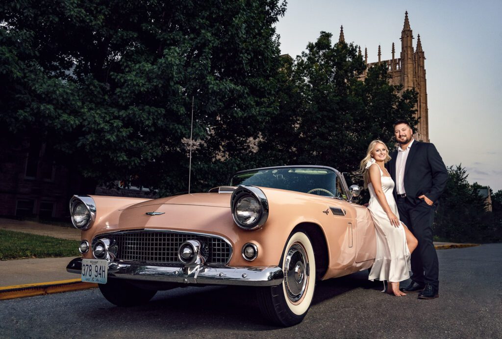 Classic 1956 Buckskin Thunderbird parked in front of Memorial Union in Columbia, Missouri during Schaefer Photography Engagement Session